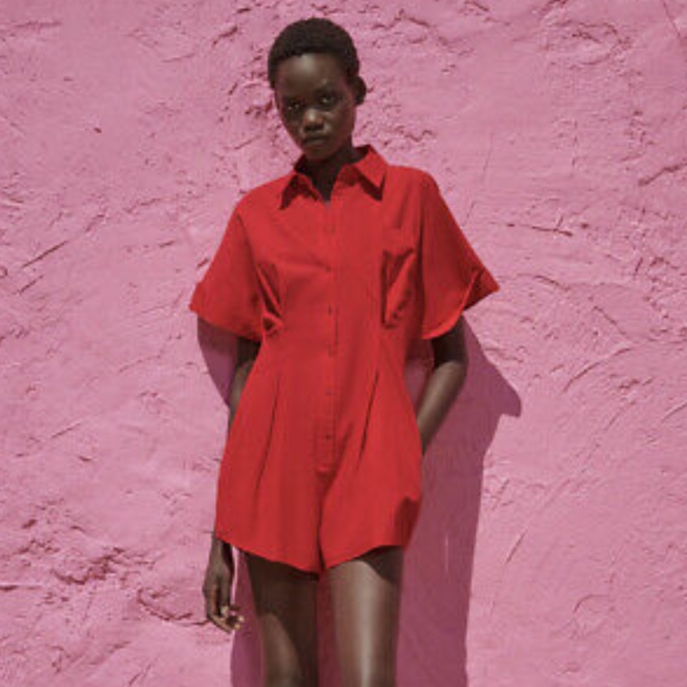 Zara Red Poplin Short Jumpsuit